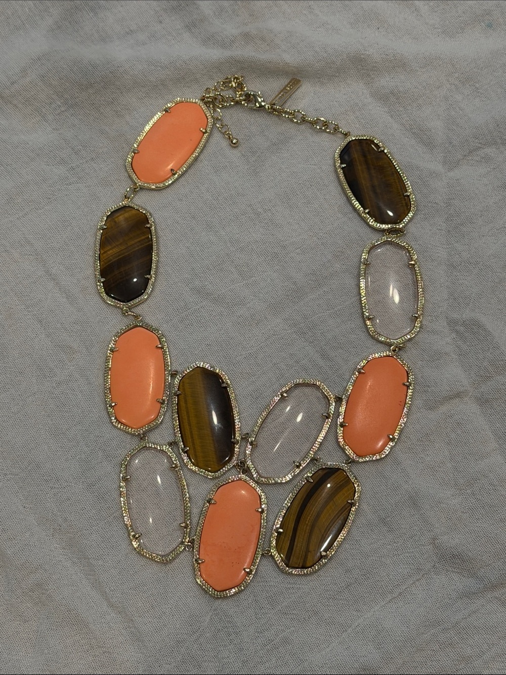 Kendra Scott drea statement necklace tiger's eye, clear quartz, opaque coral